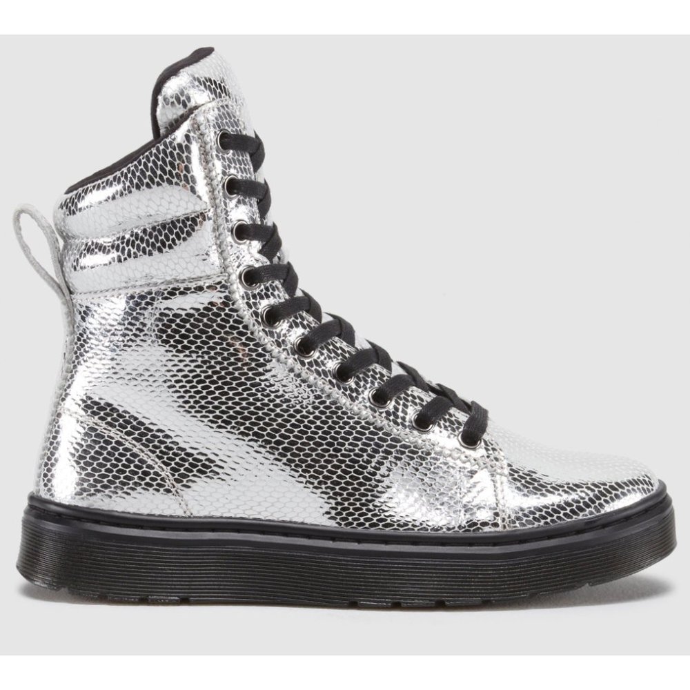 Dr Martens Mix silver snakeskin sneaker boots, UK 4
